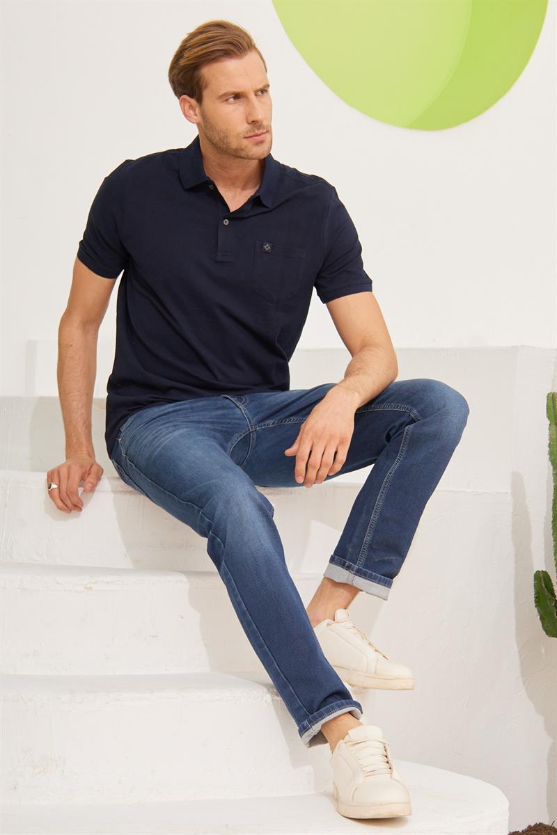 Erkek Cepli Regular Fit Düz Polo Yaka T-Shirt Lacivert