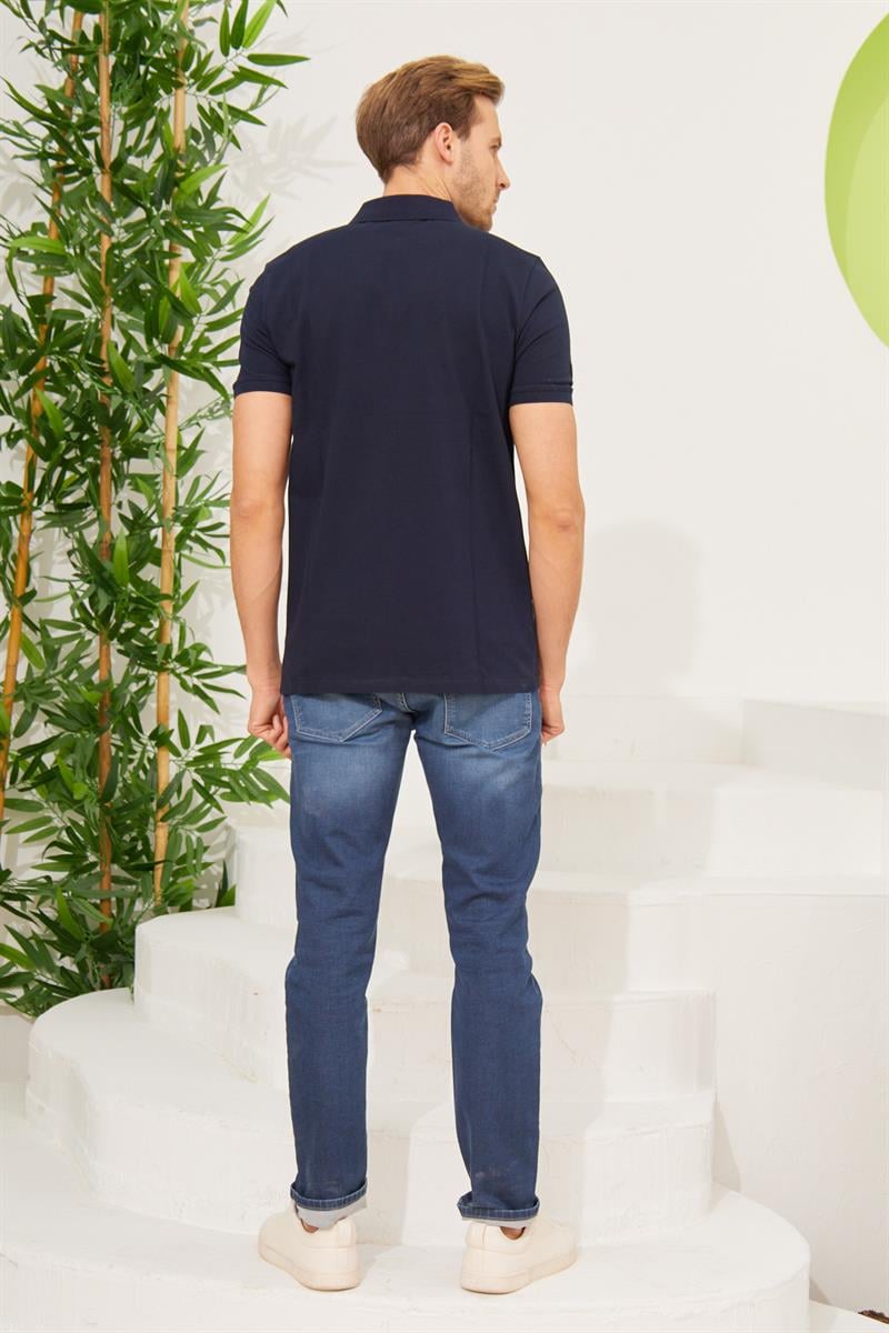 Erkek Cepli Regular Fit Düz Polo Yaka T-Shirt Lacivert