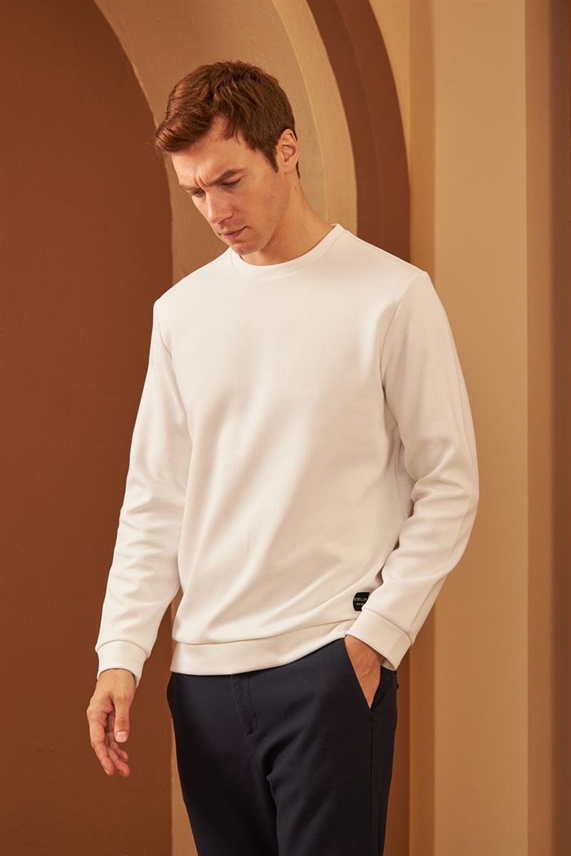 Erkek Comfort Fit Basic Düz Sweatshirt Ekru MARS26