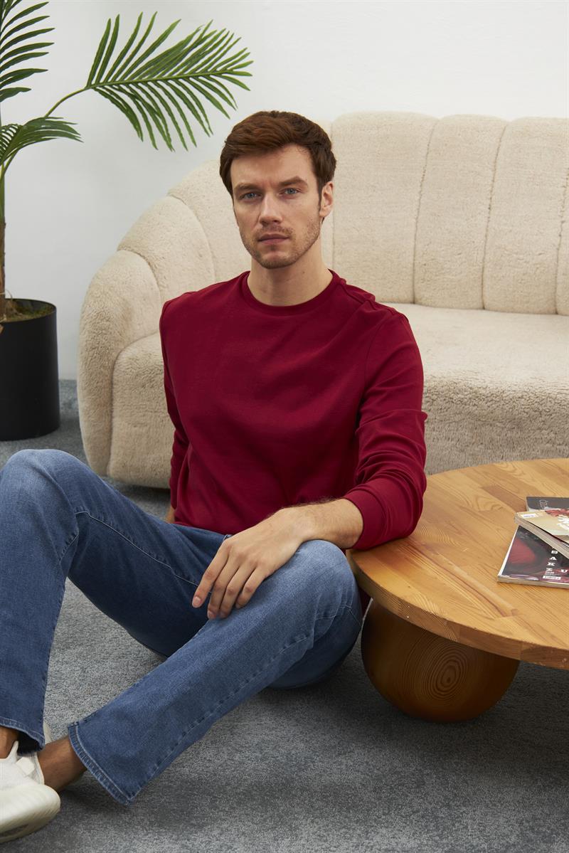 Erkek Comfort Fit Basic Düz Sweatshirt Bordo MARS26