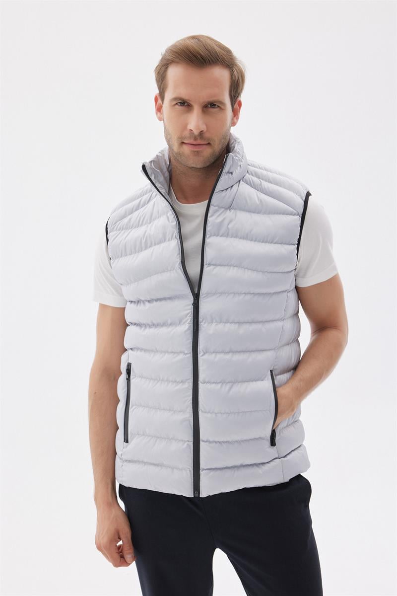 Erkek Dik Yaka Slim Fit Casual Yelek Gri