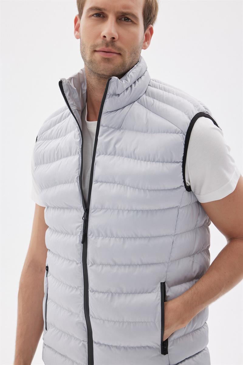 Erkek Dik Yaka Slim Fit Casual Yelek Gri
