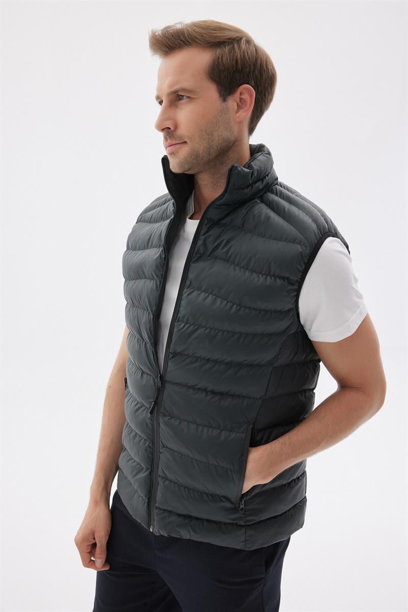 Erkek Dik Yaka Slim Fit Casual Yelek Yeşil