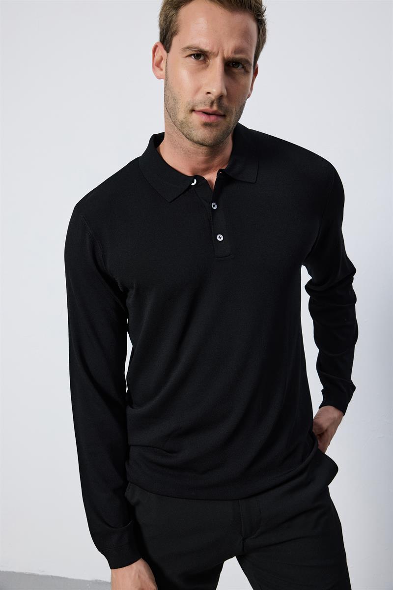 Erkek Polo Yaka Düğmeli Düz Rayon Siyah Triko Kazak Regular Fit