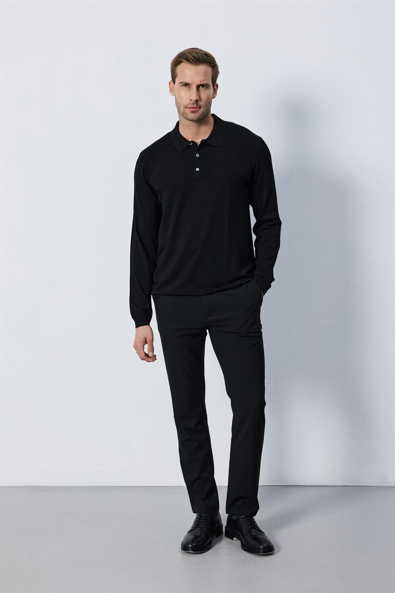 Erkek Polo Yaka Düğmeli Düz Rayon Siyah Triko Kazak Regular Fit