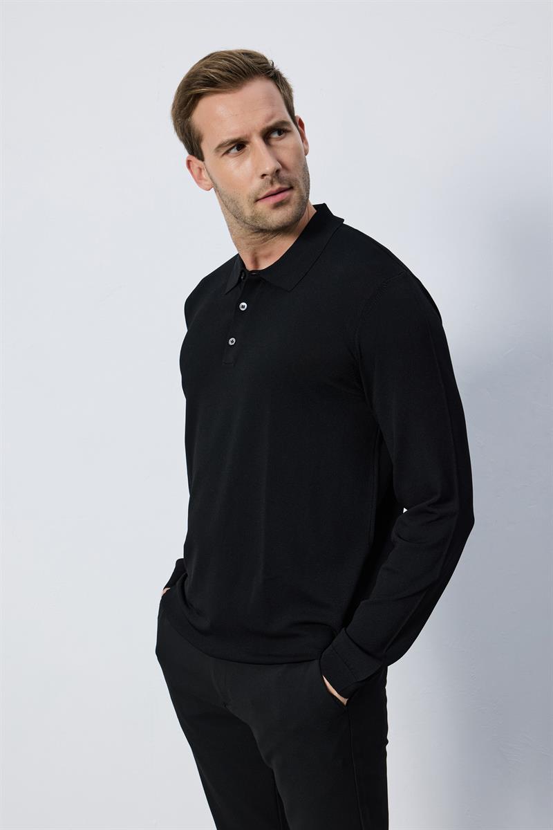 Erkek Polo Yaka Düğmeli Düz Rayon Siyah Triko Kazak Regular Fit