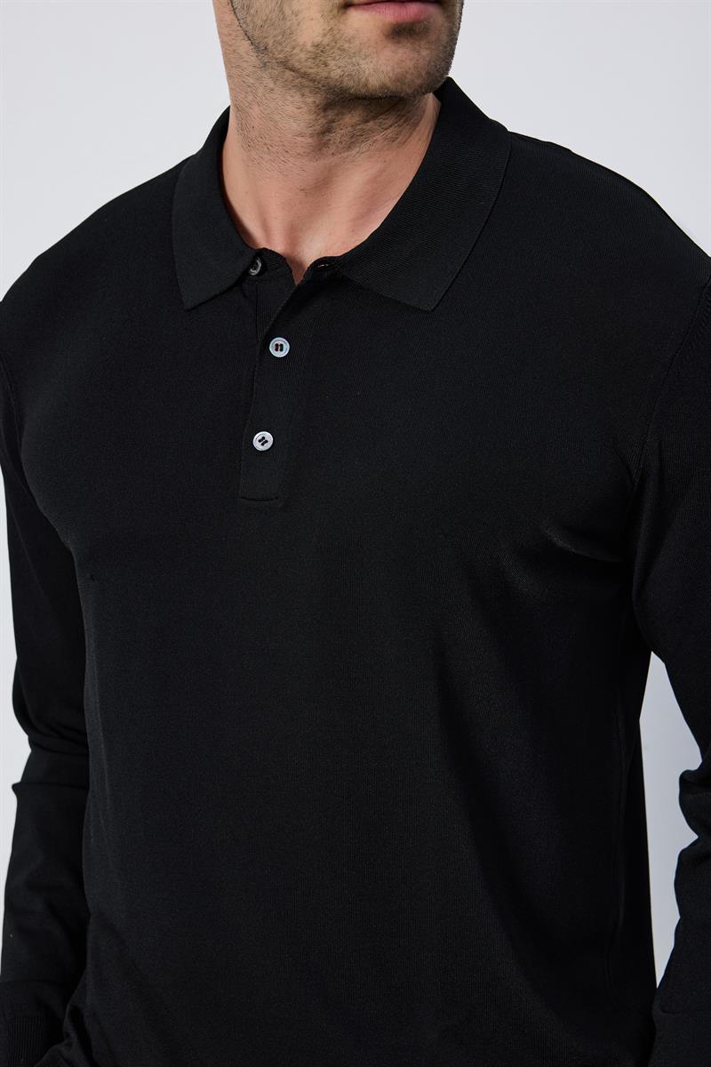 Erkek Polo Yaka Düğmeli Düz Rayon Siyah Triko Kazak Regular Fit