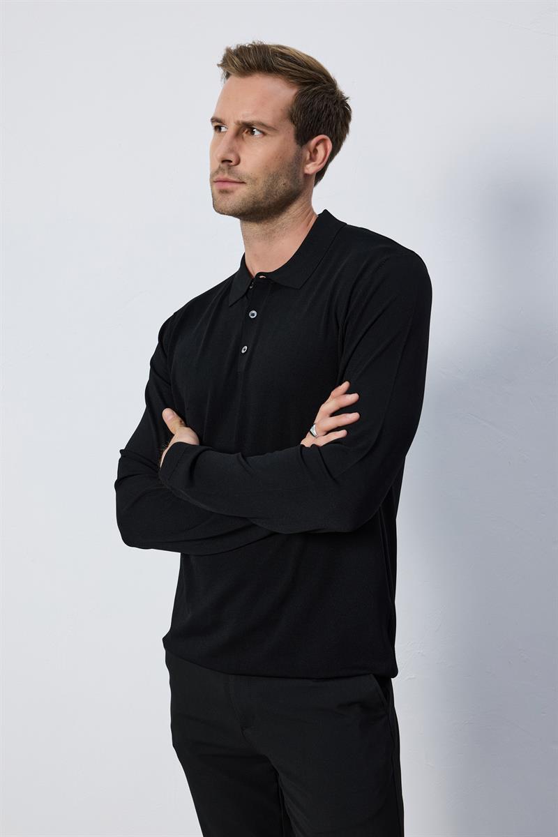 Erkek Polo Yaka Düğmeli Düz Rayon Siyah Triko Kazak Regular Fit