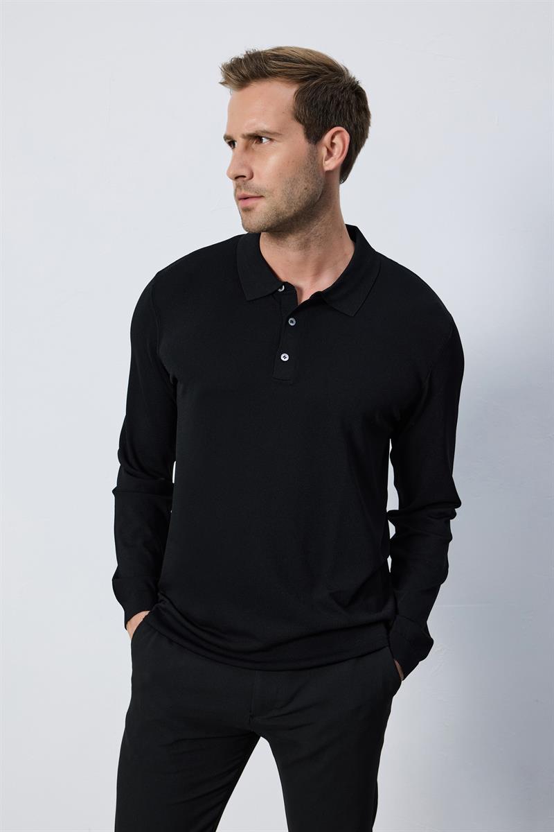 Erkek Polo Yaka Düğmeli Düz Rayon Siyah Triko Kazak Regular Fit