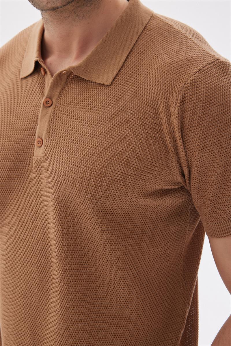 Erkek Polo Yaka Jakarlı Triko T-Shirt Camel