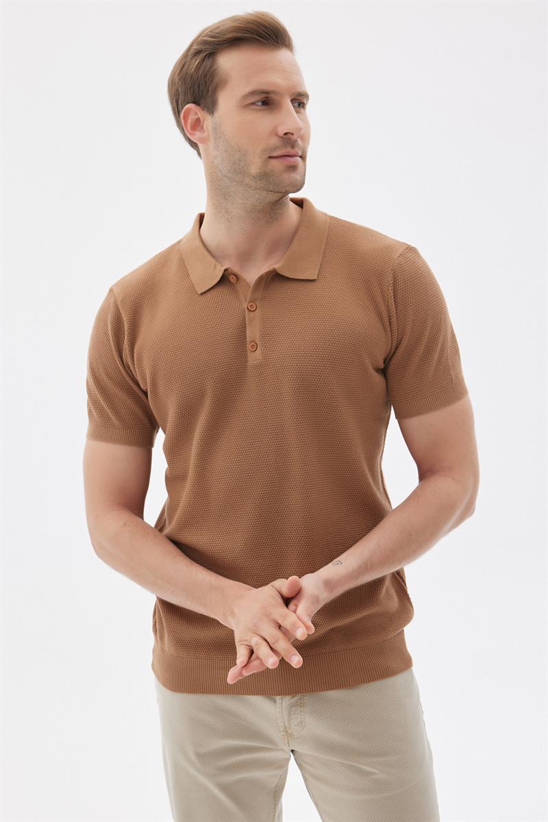 Erkek Polo Yaka Jakarlı Triko T-Shirt Camel