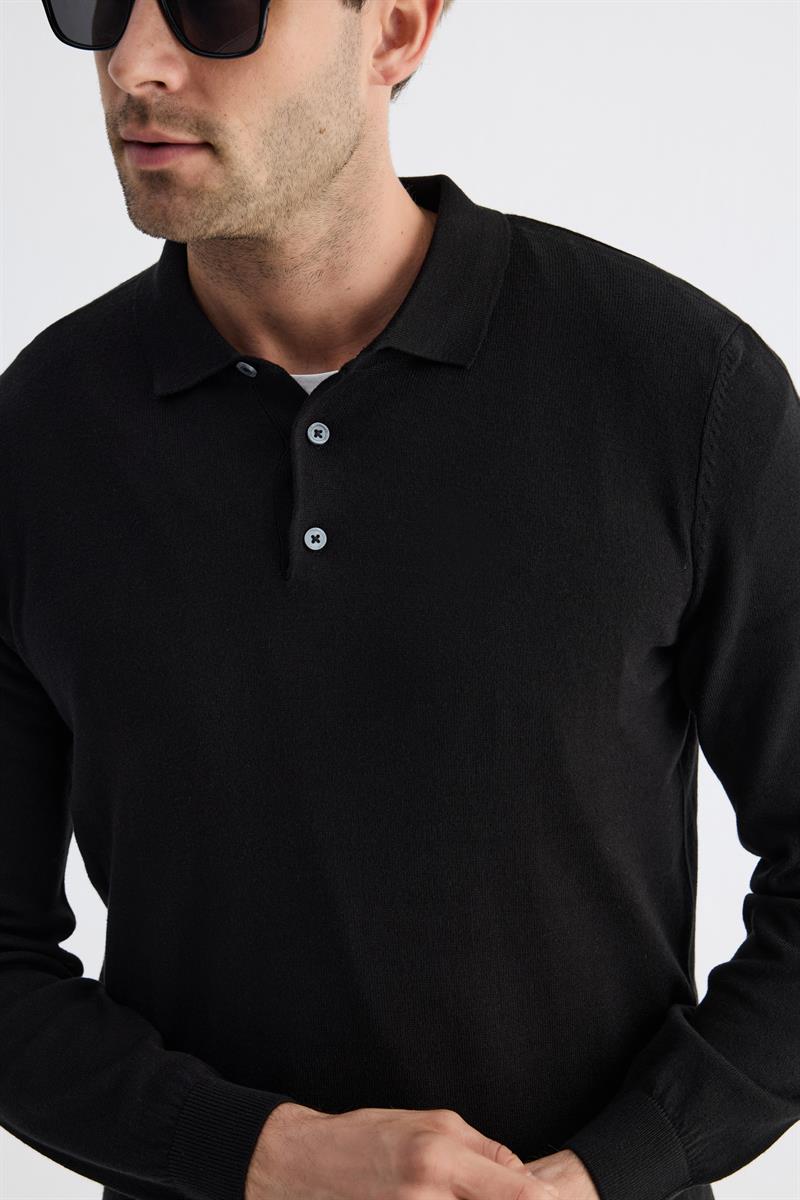Erkek Polo Yaka Tüylenme Yapmayan Regular Fit Siyah Triko Kazak