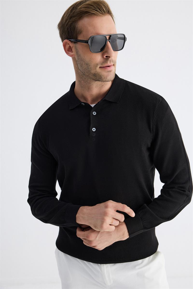 Erkek Polo Yaka Tüylenme Yapmayan Regular Fit Siyah Triko Kazak