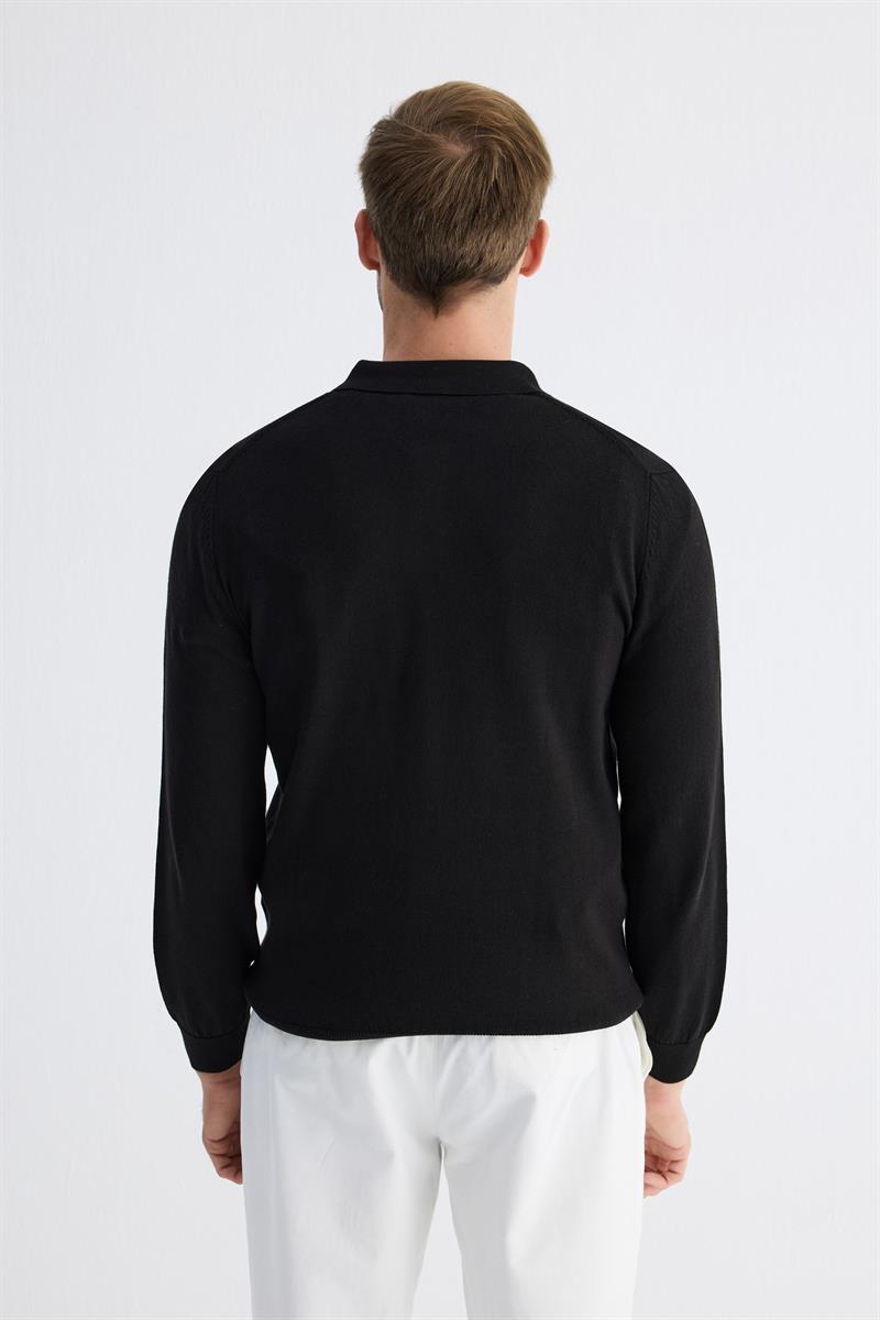 Erkek Polo Yaka Tüylenme Yapmayan Regular Fit Siyah Triko Kazak