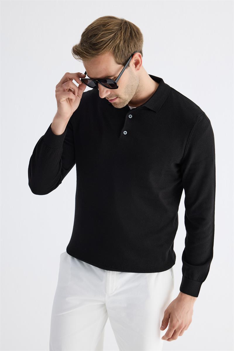Erkek Polo Yaka Tüylenme Yapmayan Regular Fit Siyah Triko Kazak