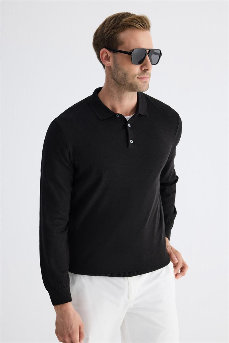 Erkek Polo Yaka Tüylenme Yapmayan Regular Fit Siyah Triko Kazak