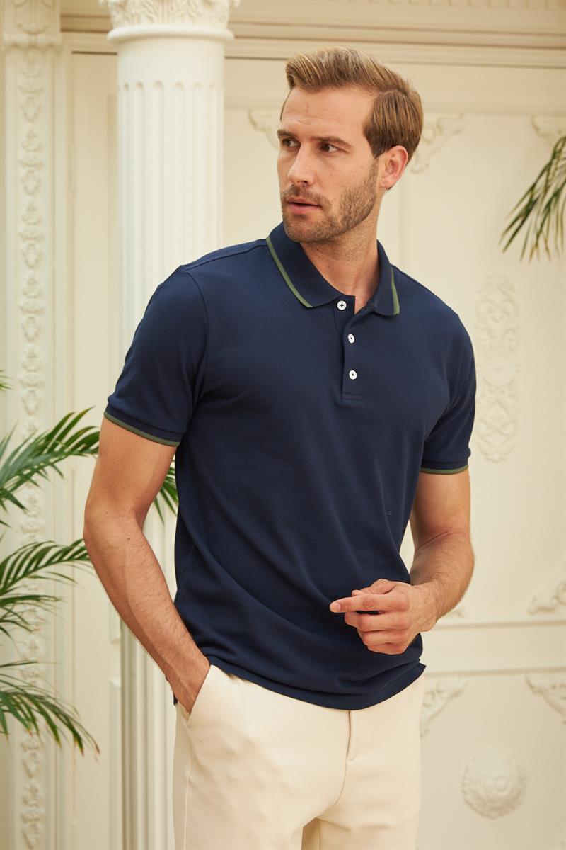 Erkek Slim Fit Düz Polo Yaka T-Shirt Lacivert