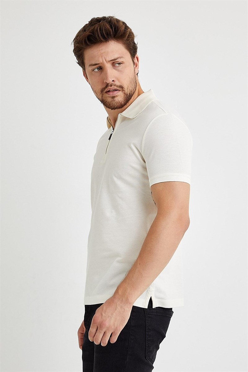Erkek Slim Fit Fermuarlı Polo Yaka Tişört Ekru