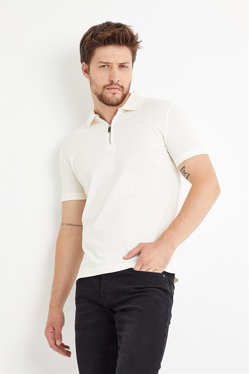 Erkek Slim Fit Fermuarlı Polo Yaka Tişört Ekru