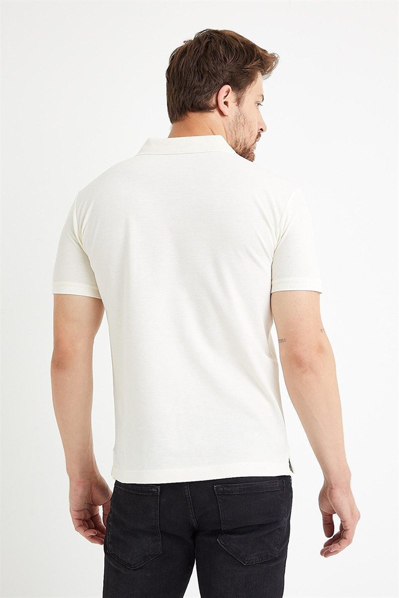 Erkek Slim Fit Fermuarlı Polo Yaka Tişört Ekru