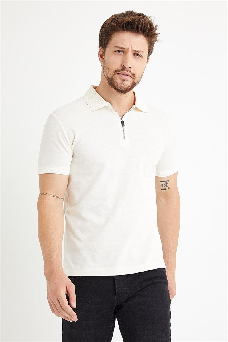 Erkek Slim Fit Fermuarlı Polo Yaka Tişört Ekru