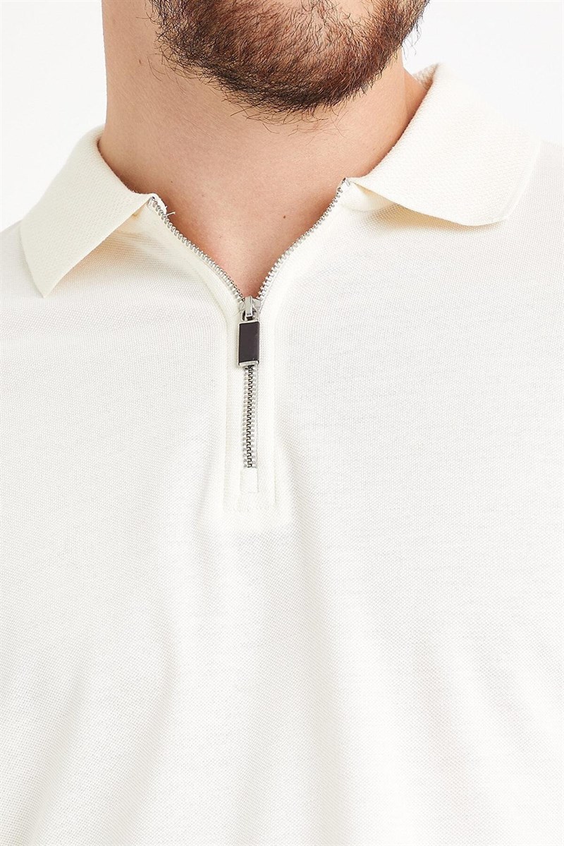 Erkek Slim Fit Fermuarlı Polo Yaka Tişört Ekru