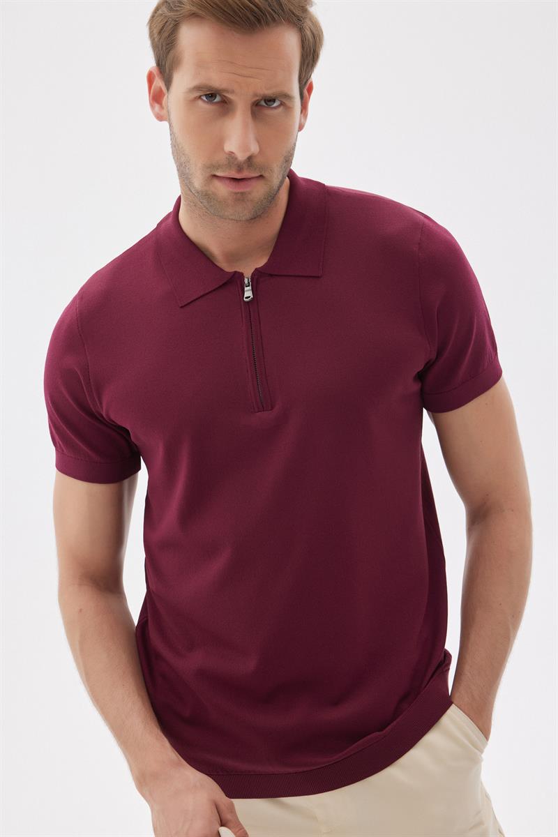 LIMITED Erkek Düz Fermuarlı Polo Yaka Rayon Triko Tişört Bordo