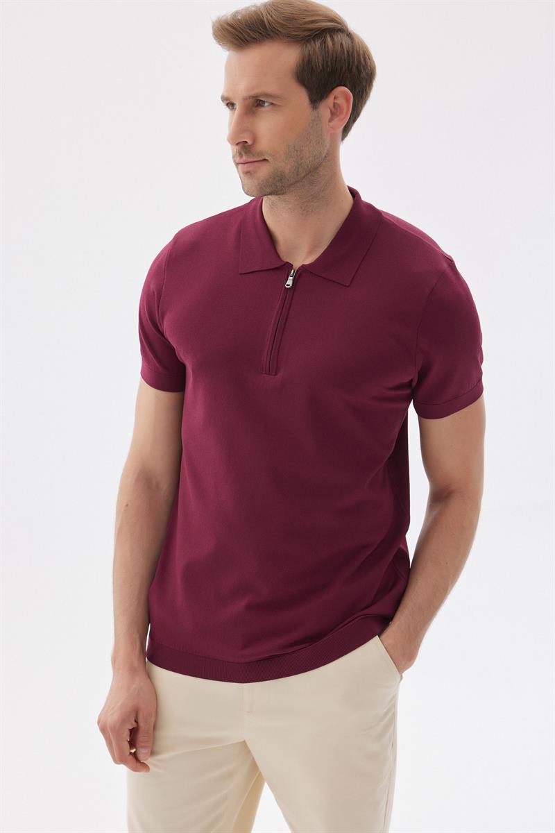 LIMITED Erkek Düz Fermuarlı Polo Yaka Rayon Triko Tişört Bordo