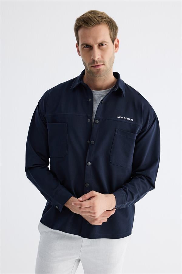  Çıtçıt Detaylı Slim Fit Sweatshirt Erkek Lacivert Dış Gömlek 