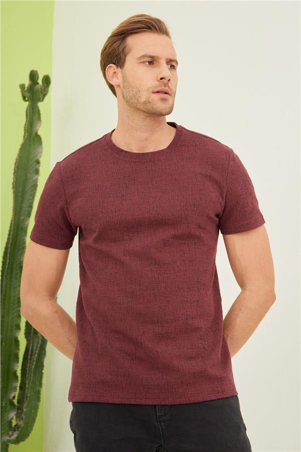 Erkek Bisiklet Yaka Jakarlı T-shirt Bordo