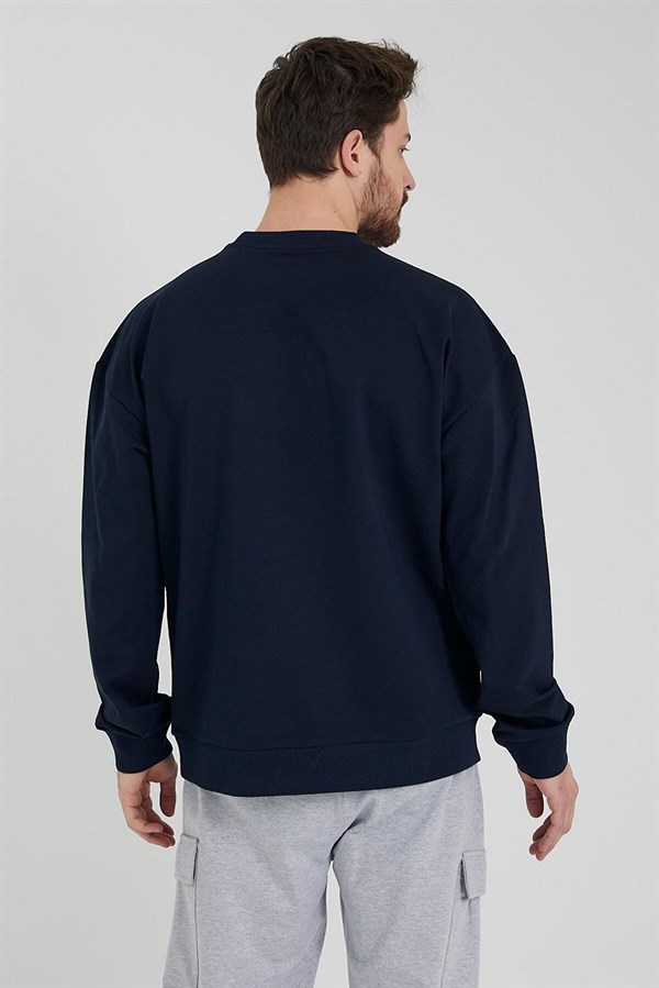 Erkek Bisiklet Yaka Oversize Sweatshirt Lacivert