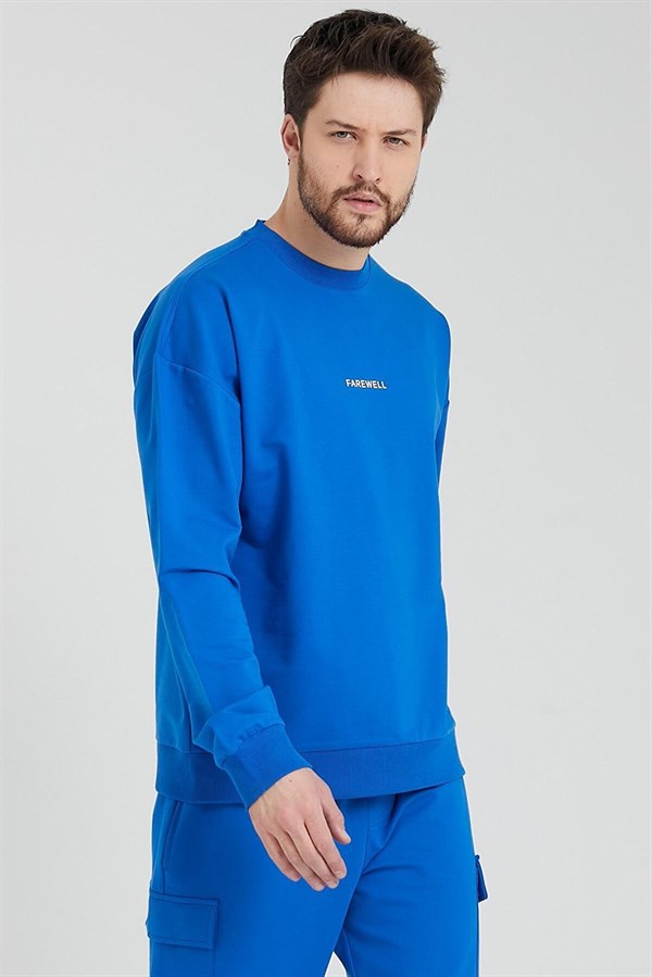 Erkek Bisiklet Yaka Oversize Sweatshirt Saks