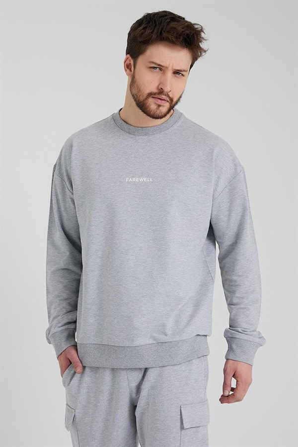 Erkek Bisiklet Yaka Oversize Sweatshirt Gri