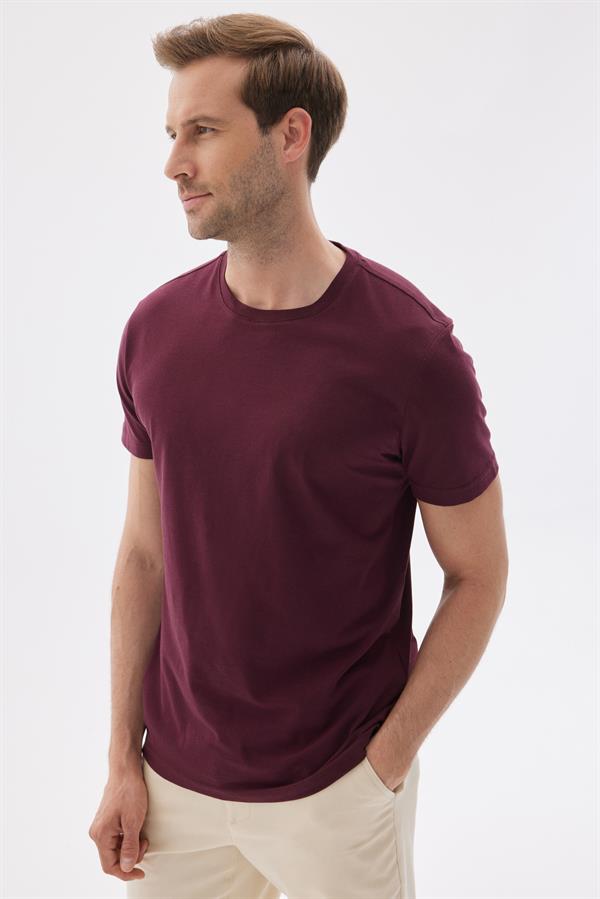 Erkek Bisiklet Yaka Slim Fit Basic Tişört Bordo