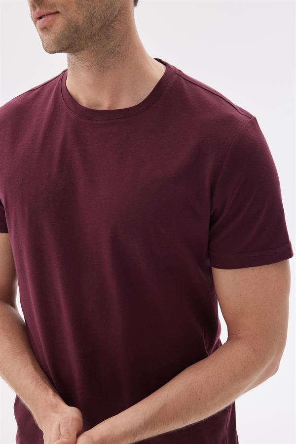 Erkek Bisiklet Yaka Slim Fit Basic Tişört Bordo