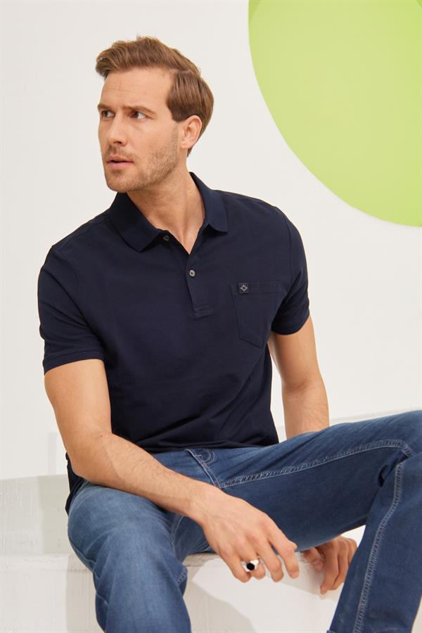 Erkek Cepli Regular Fit Düz Polo Yaka T-Shirt Lacivert