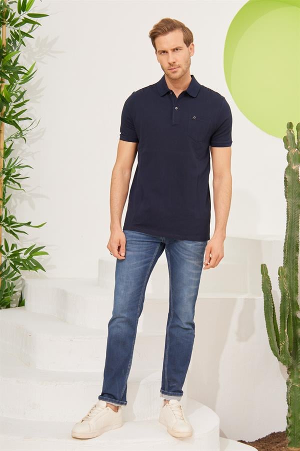 Erkek Cepli Regular Fit Düz Polo Yaka T-Shirt Lacivert