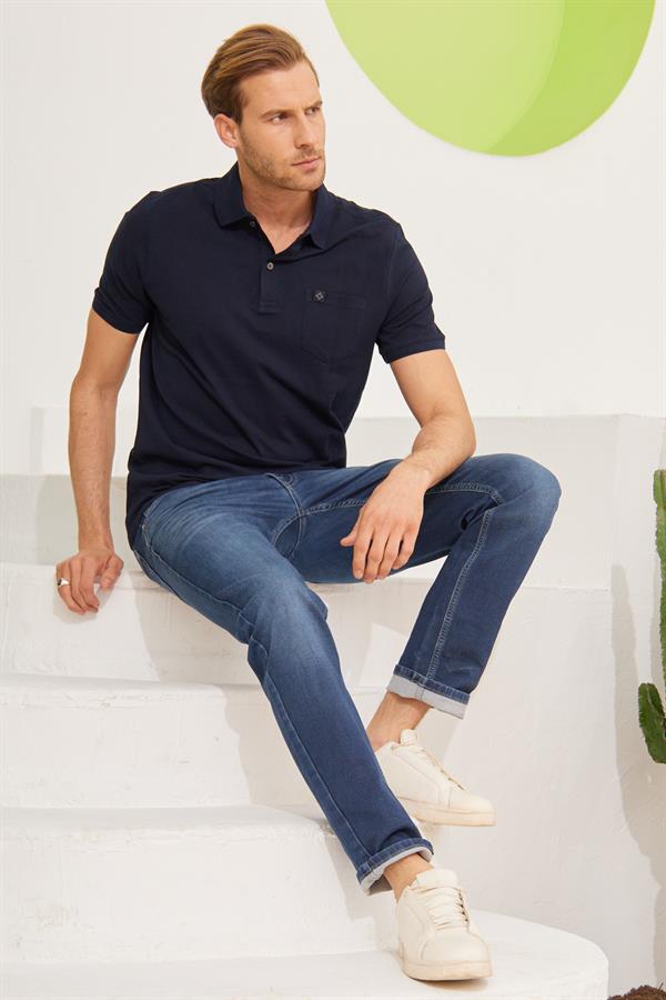 Erkek Cepli Regular Fit Düz Polo Yaka T-Shirt Lacivert