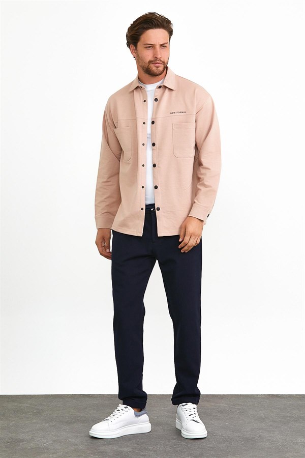 Erkek Çıtçıt Detaylı Slim Fit Sweatshirt Dış Gömlek Pudra