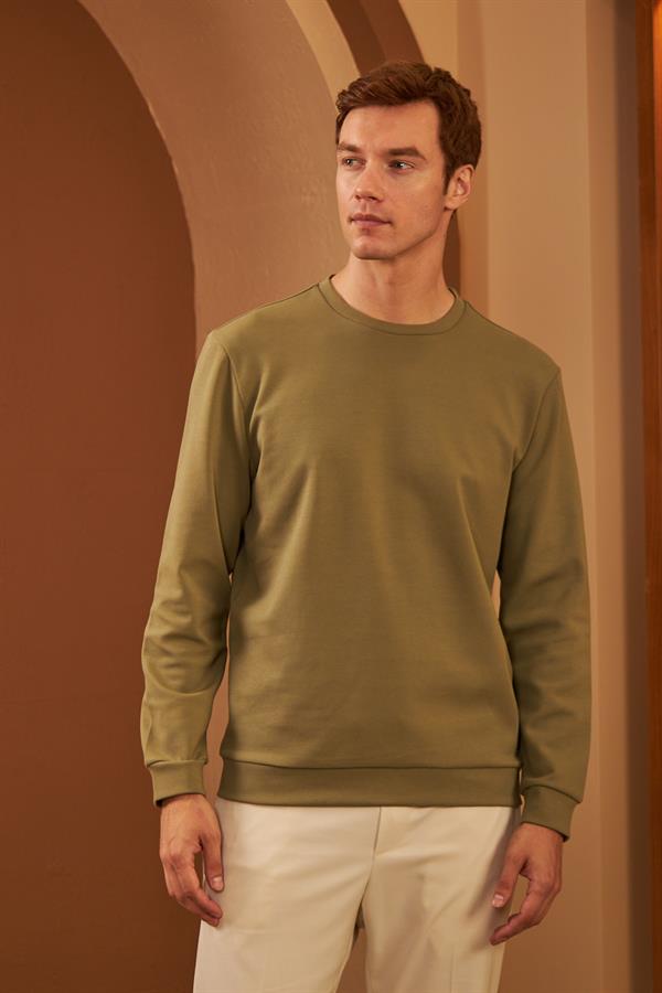 Erkek Comfort Fit Basic Düz Sweatshirt Haki MARS26