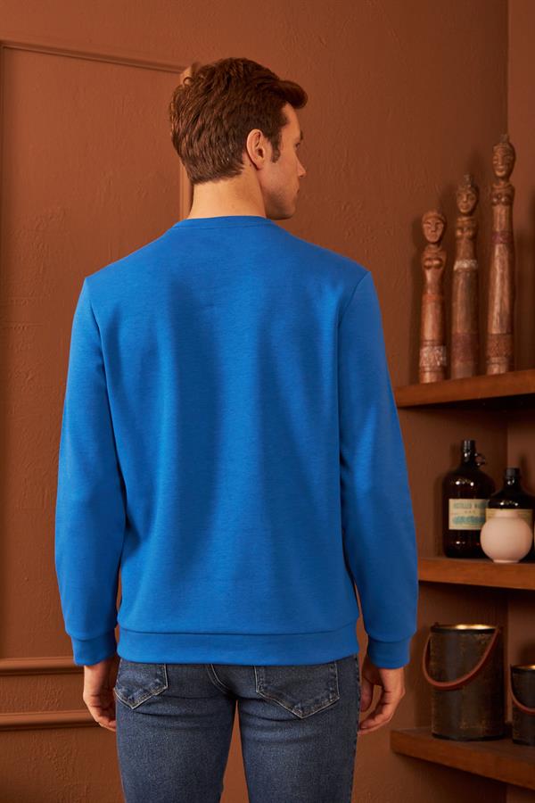 Erkek Comfort Fit Basic Düz Sweatshirt Mavi MARS26