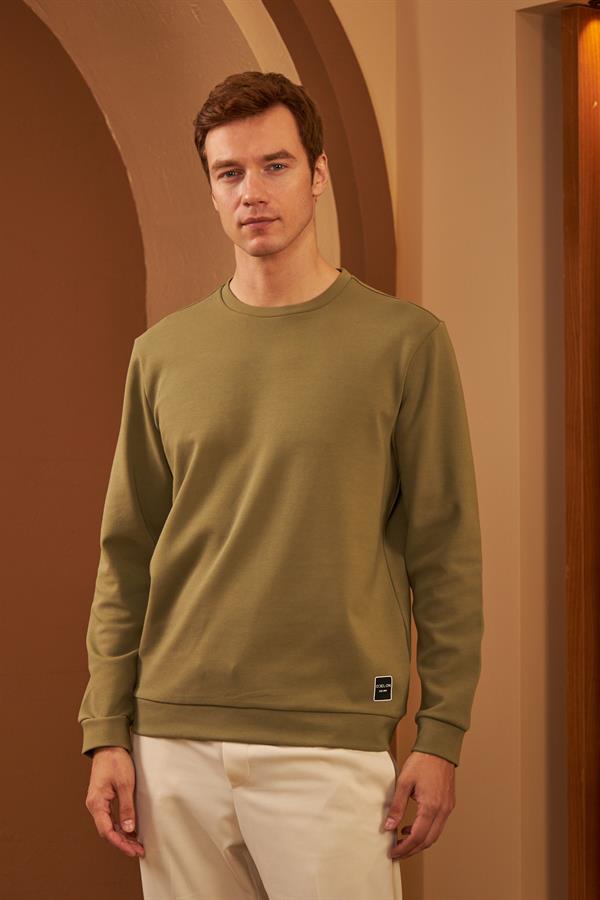 Erkek Comfort Fit Basic Düz Sweatshirt Haki MARS26