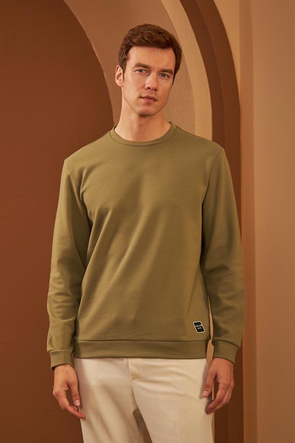 Erkek Comfort Fit Basic Düz Sweatshirt Haki MARS26