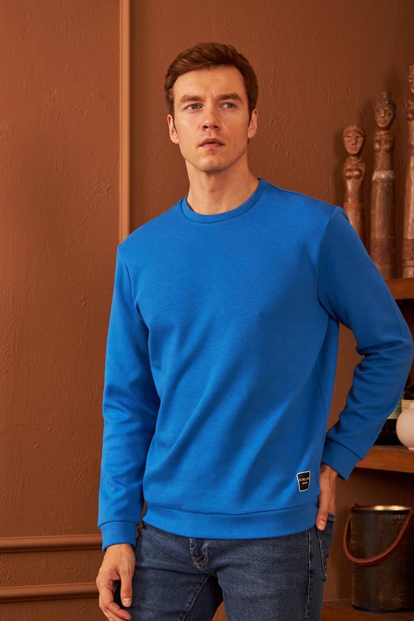 Erkek Comfort Fit Basic Düz Sweatshirt Mavi MARS26