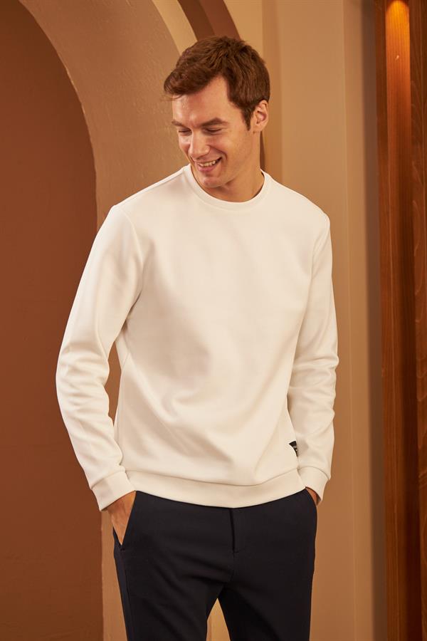 Erkek Comfort Fit Basic Düz Sweatshirt Ekru MARS26