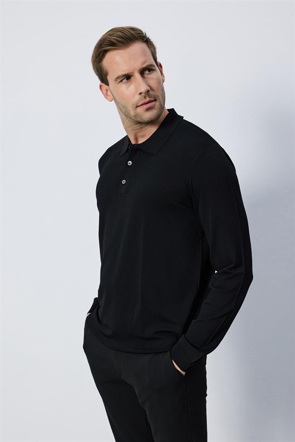 Erkek Polo Yaka Düğmeli Düz Rayon Siyah Triko Kazak Regular Fit