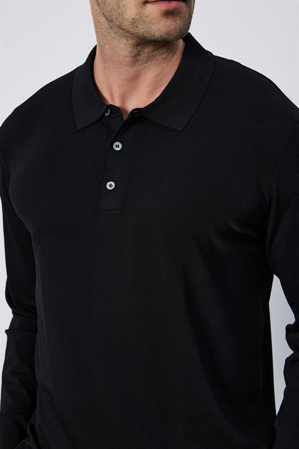 Erkek Polo Yaka Düğmeli Düz Rayon Siyah Triko Kazak Regular Fit