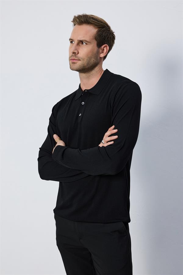 Erkek Polo Yaka Düğmeli Düz Rayon Siyah Triko Kazak Regular Fit