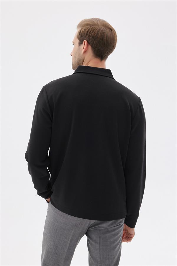 Erkek Polo Yaka Fermuarlı Comfort Fit Sweatshirt Siyah MARS40