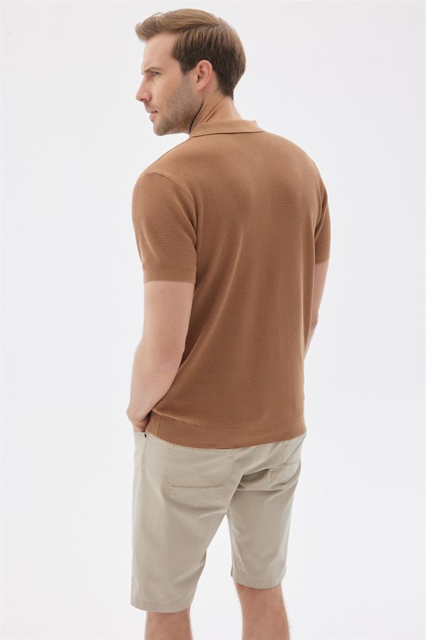 Erkek Polo Yaka Jakarlı Triko T-Shirt Camel